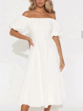 Fashion Nova White Off-Shoulder Puff Sleeve Midi Dress